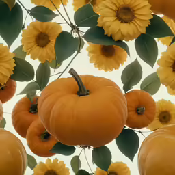 pumpkins on display under a cluster of sunflowers