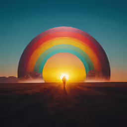person standing at sunset beneath rainbow colored structure