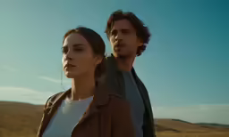 two actors looking at the camera in an arid landscape