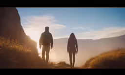 a couple walking down a mountain with the sun behind them