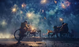 a man riding on a bicycle next to fireworks
