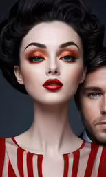 a man and woman dressed in red makeup for a photo