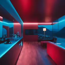 an illuminated room is filled with furniture and lighting