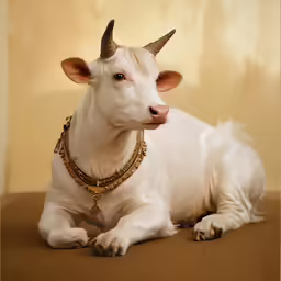 there is a very white cow wearing a golden necklace