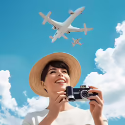 a woman takes pictures of an airplane in the sky