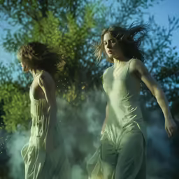 two young women are walking together in the woods