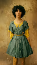 a young woman standing with her head turned slightly