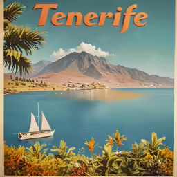 a painting shows an image of a sail boat and mountains