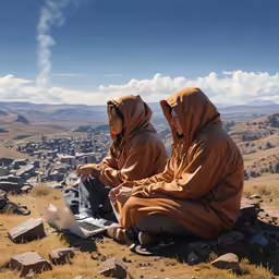 two people in brown clothes sit near one another on a rocky surface and look at a laptop screen
