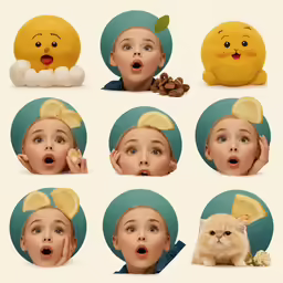 six photos show a woman with a head made of lemons and a cat in various positions