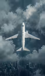 there is a white plane in the sky above the clouds