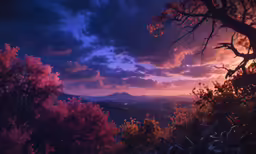 some pink trees and bushes at sunset