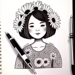 a drawing of a girl with sunflowers on her head,a girl with a flower in her hair is shown on top of a notepad