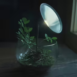 a small plant in a bowl with a lamp