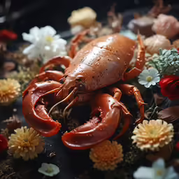 a lobster in the middle of flowers on a table
