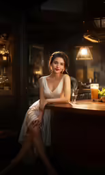 a woman sitting at a bar next to a glass