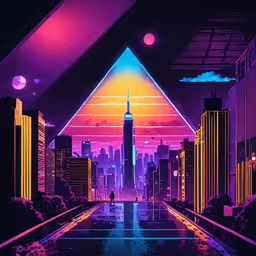 digital painting of a city skyline with neon colors,a computer artwork depicting a purple city skyline