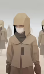 a person wearing an overcoat and standing with other people in a desert area