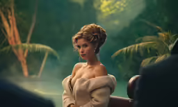 a beautiful woman is looking at the man