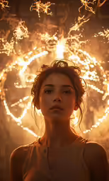 a girl stares into the camera as fireworks are exploding behind her