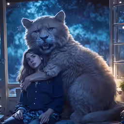 the woman is hugging the large bear in front of the window