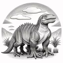 a drawing of a t - shirt dinoceros,an image of a drawing of a dinosaur,a drawing of a t - rex in black and white,a drawing of a t - rex dinosaur in the jungle,a drawing of a dinosaur with two large lizards