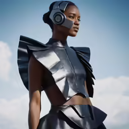 a woman in a silver leather outfit with a headphones