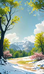 a scenic painting shows mountains, trees, and snow
