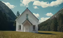 an empty white church with a cross on it in a mountain meadow