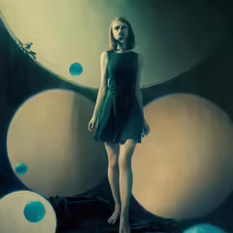 woman in dress standing in large blue art work