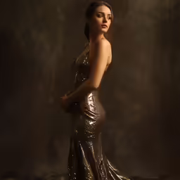 a woman in a gold dress is posing