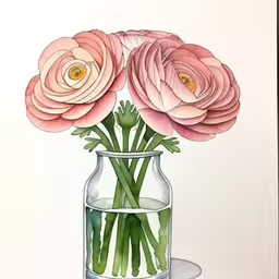 a painting of some pink flowers inside a glass,a painting of watercolors and flowers in a glass