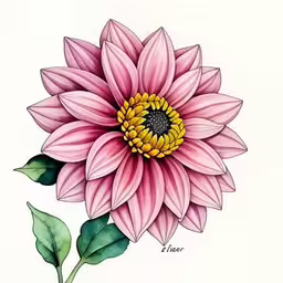 a watercolor painting of a pink and yellow flower,a pink flower is shown in a drawing,a painting of a flower in colored pencil and watercolor,drawing of a pink flower with yellow stamen,this is an image of a painting of flowers