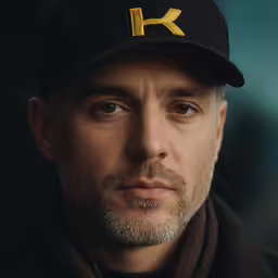 a man is wearing a black cap and a coat