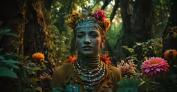 the woman is dressed in an elaborate necklace, collar, and headpiece