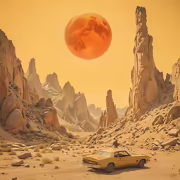 an old car in the desert beneath a red full moon