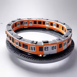 an orange and black ring sits on a grey surface