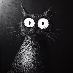 the black cat is sitting and staring into the camera