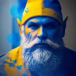 a man with long white beard and a yellow cap wearing a blue hat