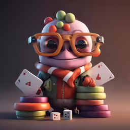 a cute little cartoon character holding a pair of dice and playing cards