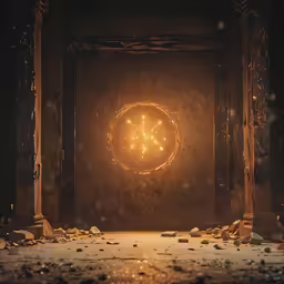 an empty room with a gold circle painted on the wall