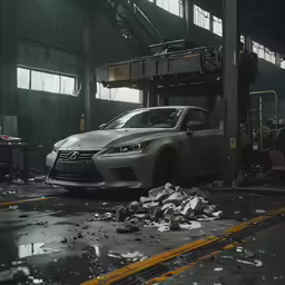 the silver car is parked in a factory