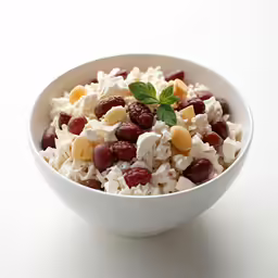 a bowl with rice, beans and cheese