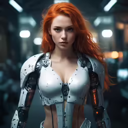 a girl in a futuristic suit standing in the dark