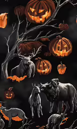 a painting shows an animal surrounded by halloween decorations