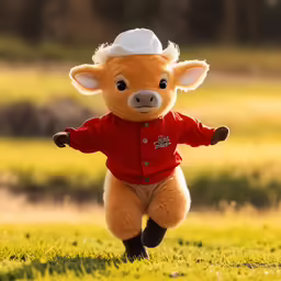a brown teddy bear running on some green grass
