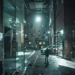 a person standing alone on a wet street at night