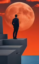 a man standing on stairs in front of a huge moon