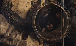 there is a metal frame and a mirror behind it