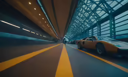 a sports car driving on the road under a bridge